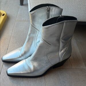 Zara Metallic Silver Western Ankle Boots